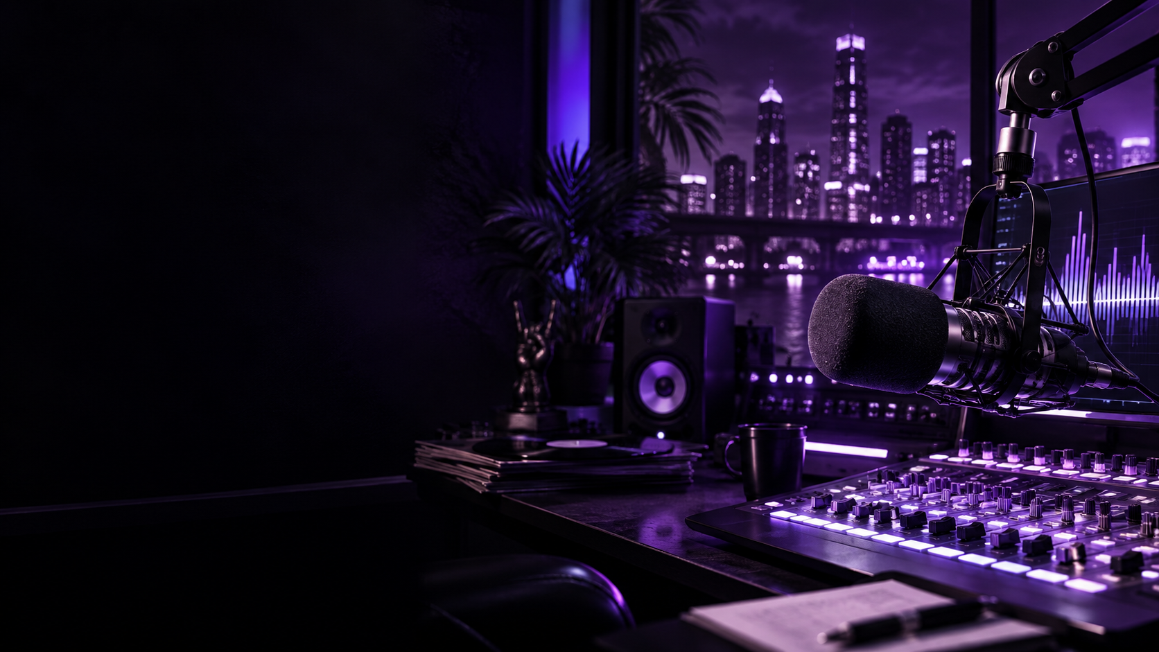 Purple-lit professional RadioSyndicate broadcast studio